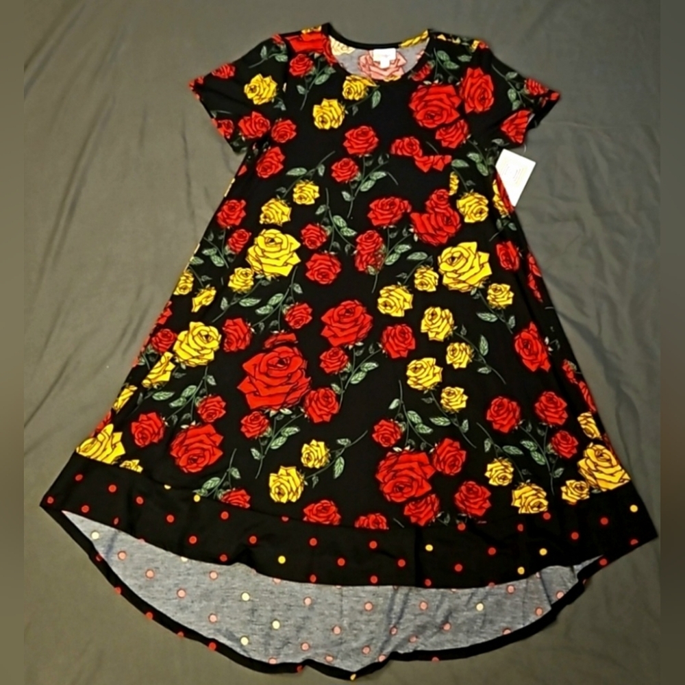 LuLaRoe Carly High-Low Short Sleeve SmallbSwing Dress HTF Rose & Polkadot NWT